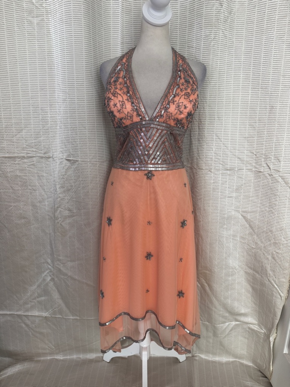 Mes Ami Y2K peach pink cocktail halter dress silver beaded sequin deep V-neck